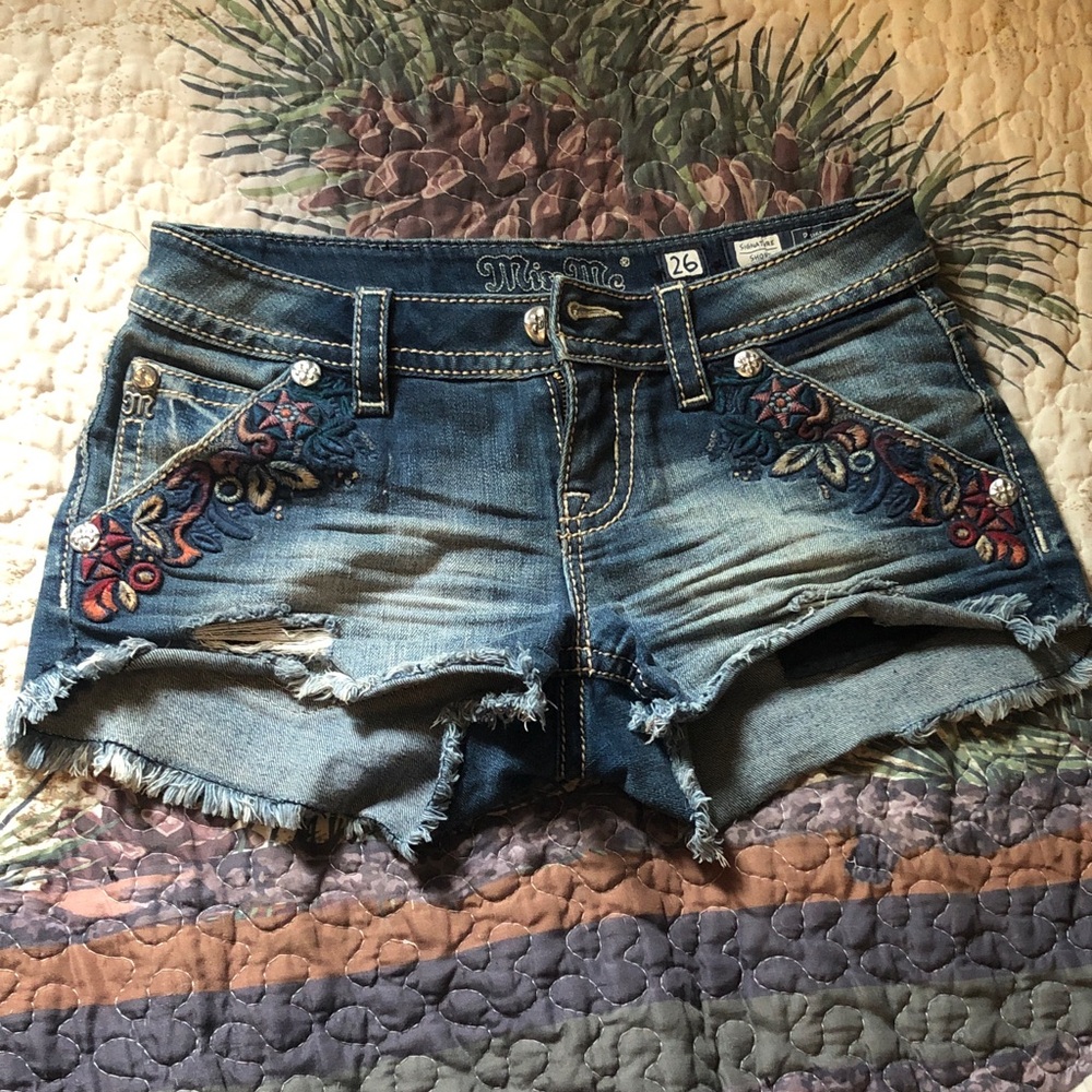 Miss Me Distressed Blue Jean Shorts with Embroidery